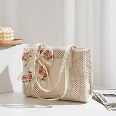 Blommig broderad rosettdekor axelväska strandväska semester, avslappnad bärbar, stor kapacitet för tjej, för kvinna utomhus, resor, utflykter, helgdag - Beige (En-Storlek)