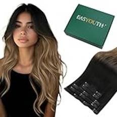 Easyouth Naturlig hårförlängning med klämma, slingor, beige-svart till mellanbrun och jordgubbsblond, äkta hår, svart ombré, osynlig slät förlängning med klämma, människohår, 22 tum, 70 g 5 st