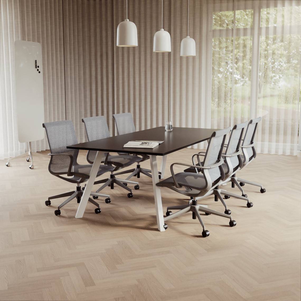 Konferensgrupp Viggo + Ergo 285, Storlek 6 platser (220 cm), Bordsskiva Svart, Underrede Vit, Stol Grå
