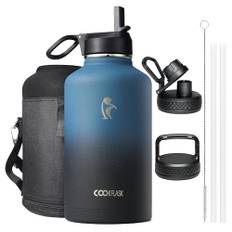 Coolflask isolerad vattenflaska 2 L – 3 lock med sugrör och pip och handtag, läckagesäker vakuum rostfritt stål vattenflaska för sport, resor, gym, 48 H kall och 24 H varm, BPA-fri, marinblå svart