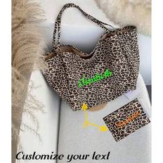 Customized Ladies Large Capacity Leopard Print Handbag + Cosmetic Bag Combination, Customizable Name Female College Student Fashion Retro Shoulder Bag - Multicolor