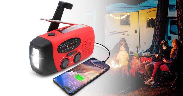 Nödradio med handvev och solpanel  För kriser, strömavbrott och utflykter
