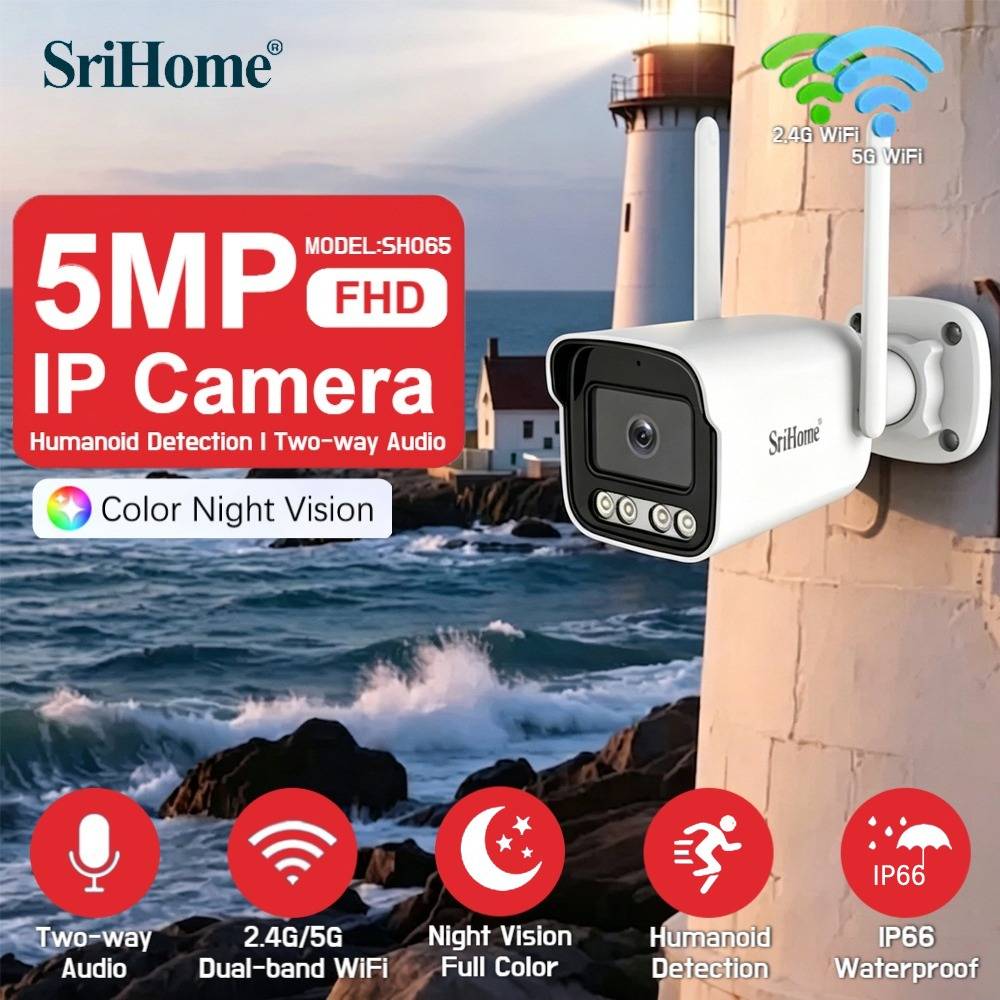 SriHome New SH065 5MP Mini 2.4/5G Wifi IP Camera Waterproof Video Surveillance Security Outdoor Color Night Vision CCTV Cam