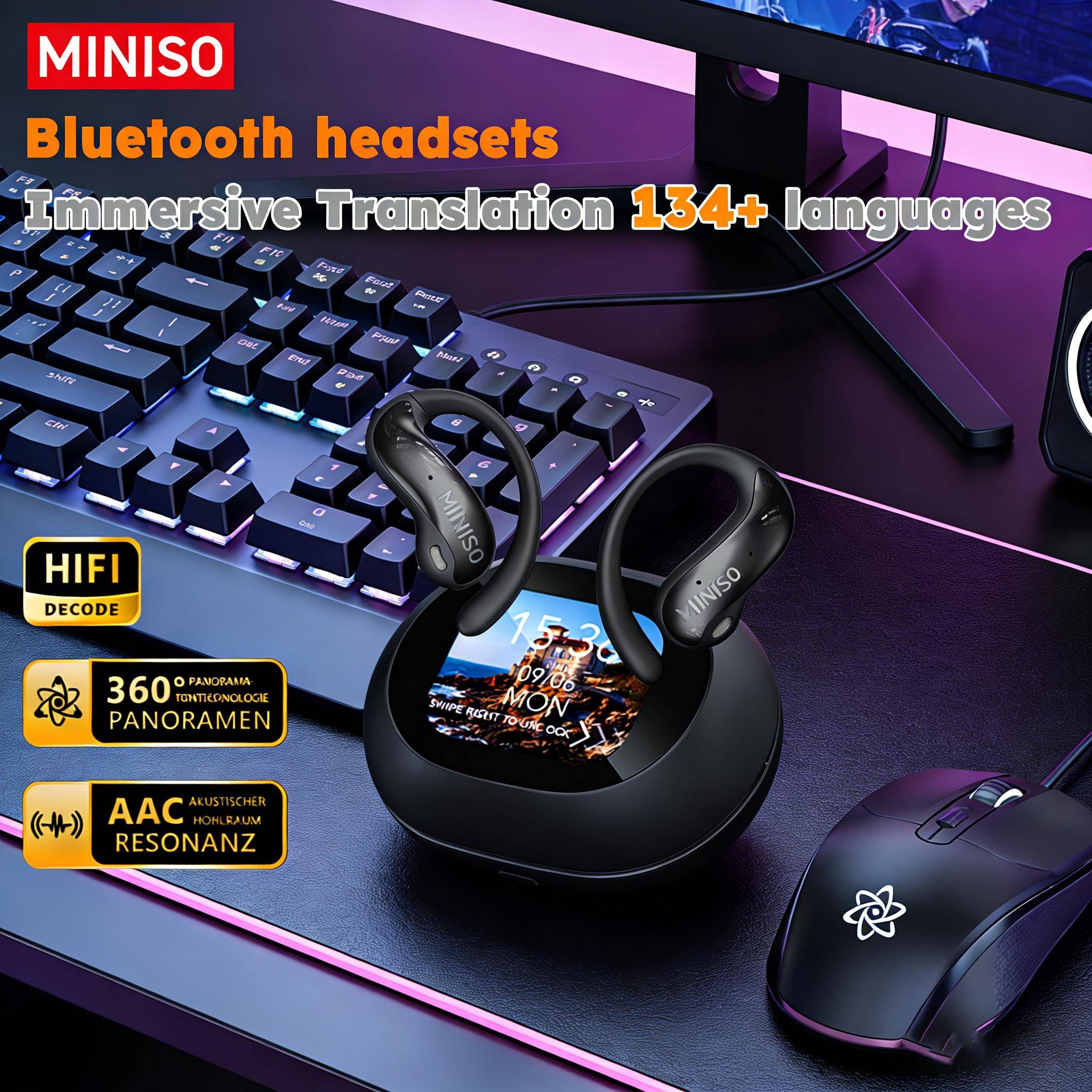Miniso Ows Wireless Earbuds Compatible For /, Wireless 6.0 With Cancelling Mic, Ergonomic Stable Fit Headphones, 58 ,, For Smartphones Tablets Pc, For Gym Commuting Office