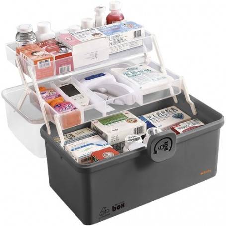 Medicinlåda / Förvaringsorganisatör med Utfällbara Hyllor – Hållbar Koffert i Grå/Transparent