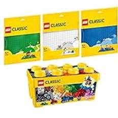 BRICKCOMPLETE Lego Classic Set med 4 10696 medelstor byggstenslåda, 11023 grön byggplatta, 11025 blå byggplatta och 11026 vit byggplatta