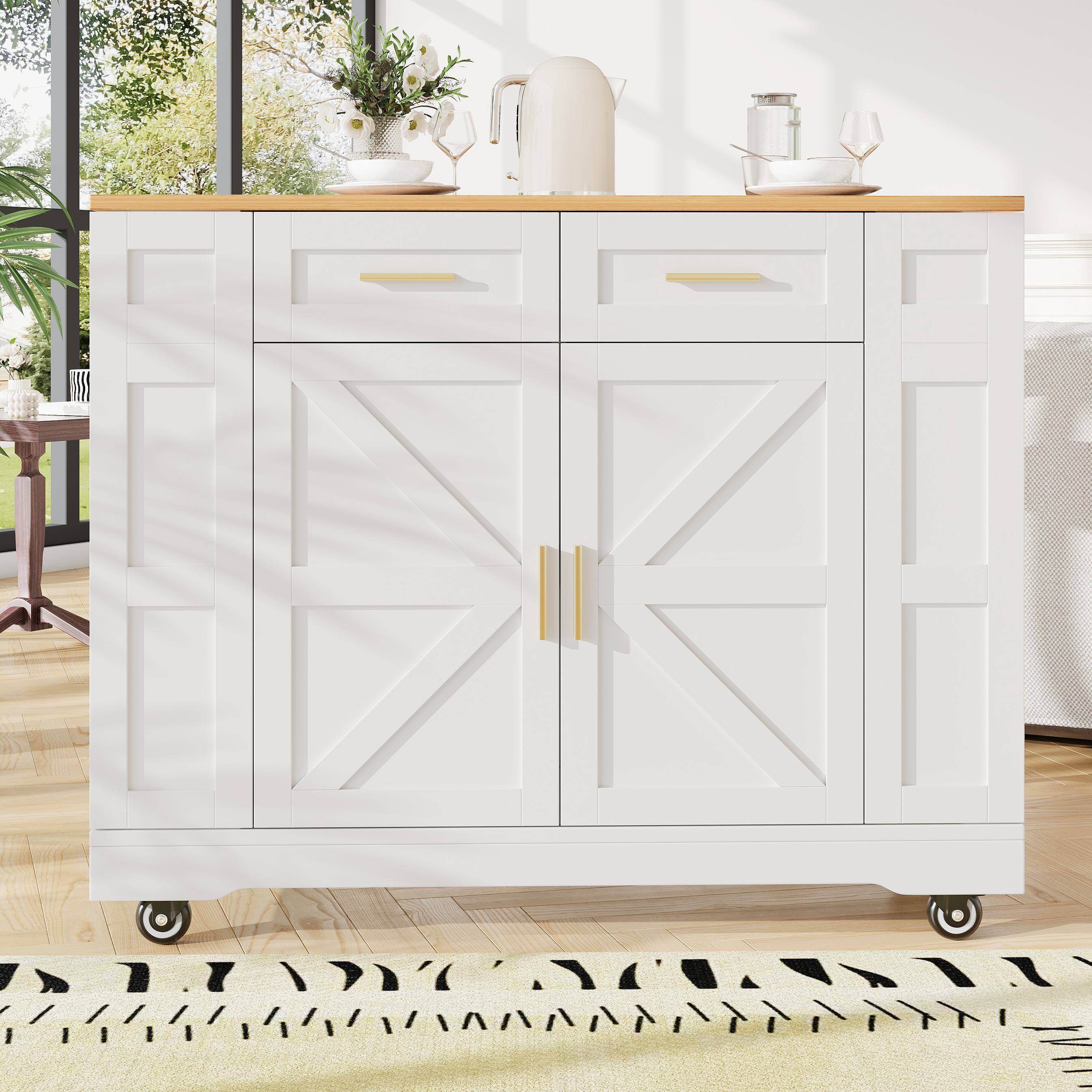 Movable Kitchen Island Trolley with Adjustable Worktop, Rolling Utility Cart with Drawers and Storage Racks, 120L x 40W x 90H cm, White Aosom UK