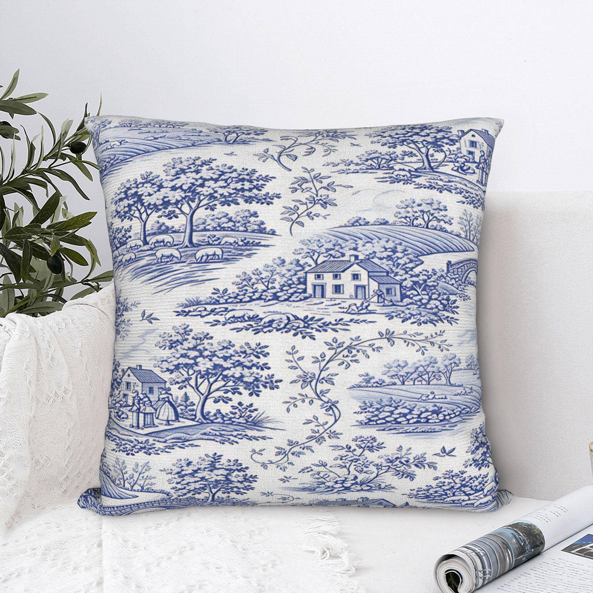 Mörkblå Toile De Jouy Kuddfodral Anpassat Kuddfodral Mode Kuddfodral för Vardagsrumssäng Stol