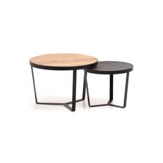 Wohnling Satsbord Set med 2 runda massivt trä och steneffekt, designad metallbas, lantlig stil Svart, akacia - Flerfärgad
