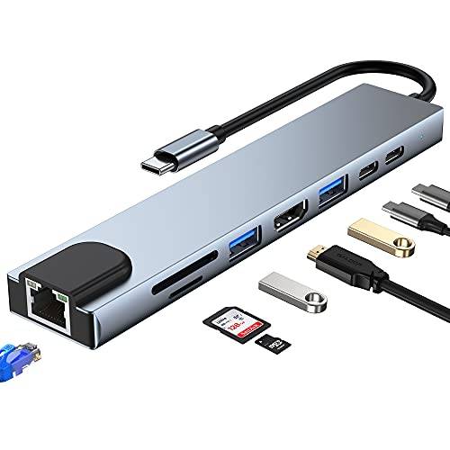 KUTEWEU USB C 5 Gbps USB 3.0 Ethernet-adapter, 4K @ 30 Hz HDMI, USB-A, /-C, 100W PD, TF/SD, 8-i-1 USB-dockningsstation för telefon, bärbar MacBook/Pad/Steam Deck/Samsung och Windows/Mac (8 in 1 HUB)