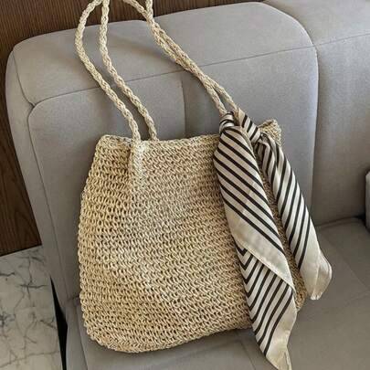Vintage stråväska, strandväska med dragkedja, minimalistisk vävd tygväska i Mori-stil, stor damhandväska - Beige