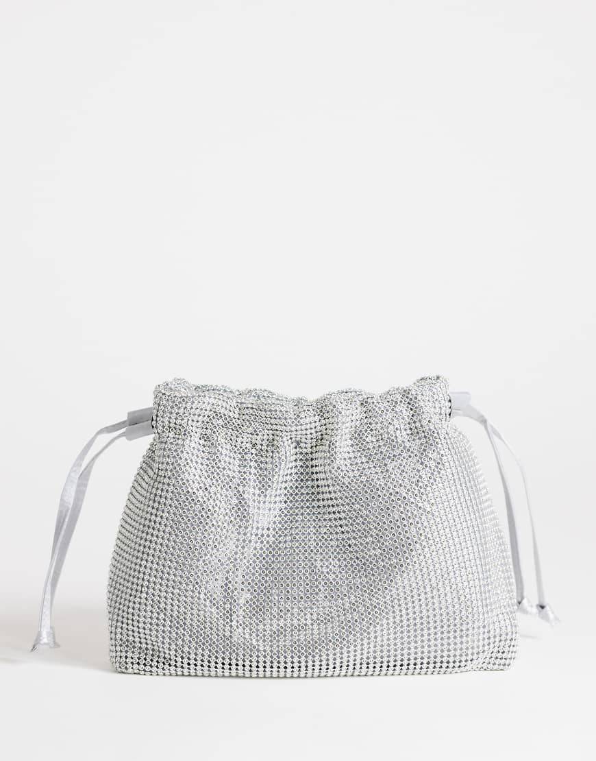 Topshop Seleena lille clutch-taske med rhinsten og løbesnor i sølv - One Size