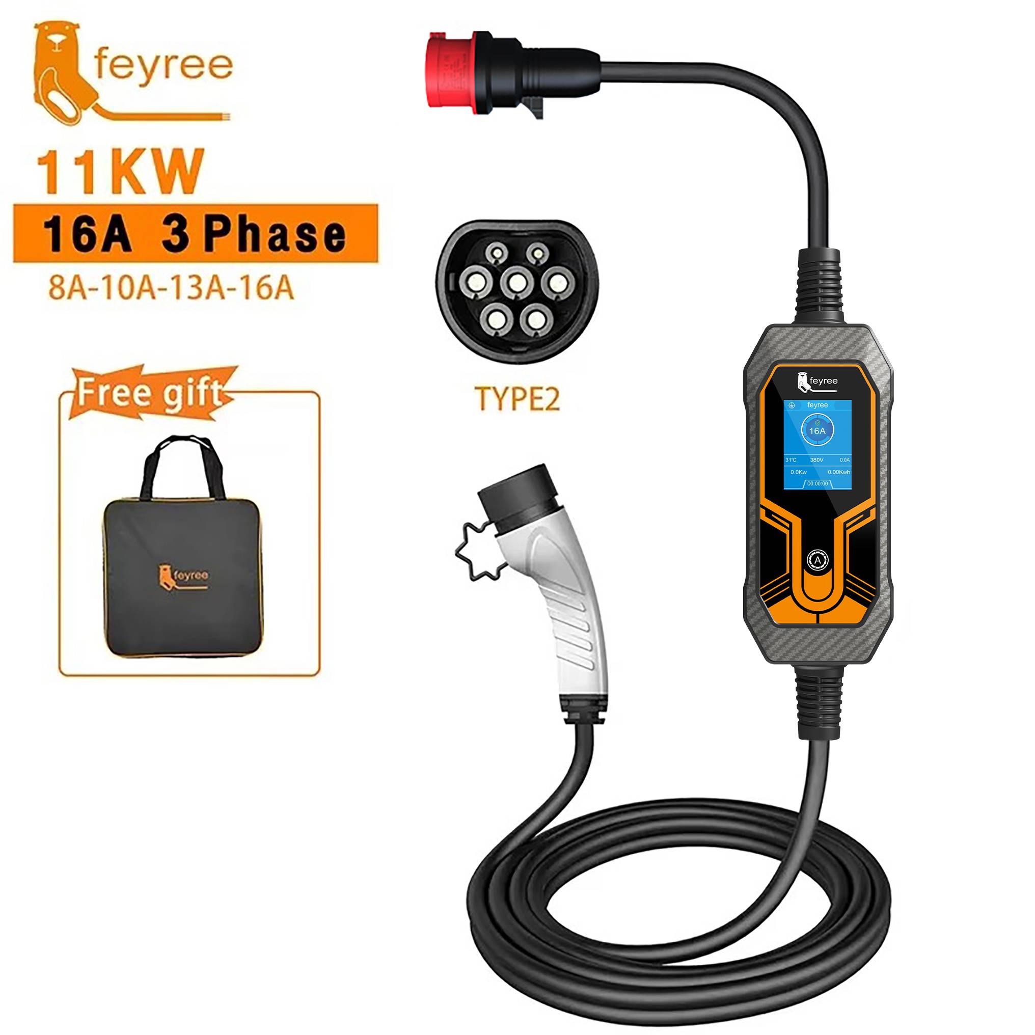 Feyree 11KW 16A EV Portable Charger Type2 EVSE Charging Box Electric Car Charger CEE Plug IEC62196-2 Electric Vehicle Charger