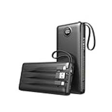 VEEKTOMX Power Bank 20000mAh med Inbyggda kablar, Bärbar laddare USB C 2.4A snabbladdning externt batteri med 5 utgångar 2 ingångar och LED-displa (Black)
