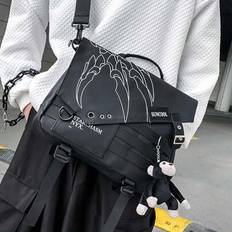 Canvas Material Large Capacity Casual Vacation Style Men&#39;s Graffiti Chain Shoulder Bag, Punk Style Leisure Bag Pendant Crossbody Bag Sling Bag College - Black - one-size