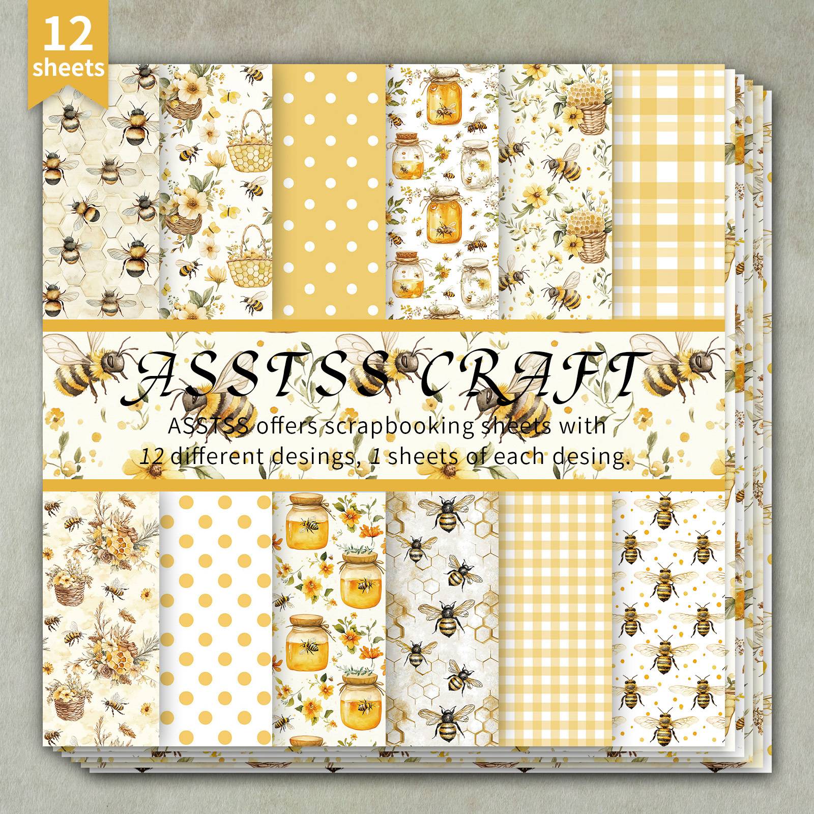 TEMU 12-sheet Asstss 6*6-inch Scrapbooking Paper Pad, Warm Honeybee & Apiary Watercolor Backing Paper Supplies, Heavyweight Cardstock For Journaling, Collage Art, Greeting Cards, & Crafts, 6"x6" Pack