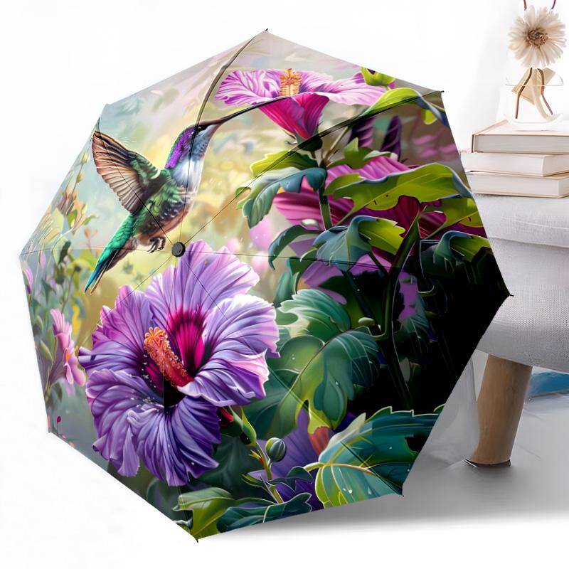 Kolibri och Blommor Utomhus Automatiskt Paraply Infällbar Design med 8-Ribbor Hållbarhet Lättvikt Perfekt Gåva till Vänner Familj