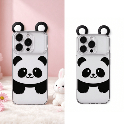 Sött transparent mobilskal med 3D-pandaöron, minimalistiskt svartvitt tecknad pandamönster, mjukt skal med full täckning och linsskydd, stötsäkert mob - Genomskinlig (Multi-size)