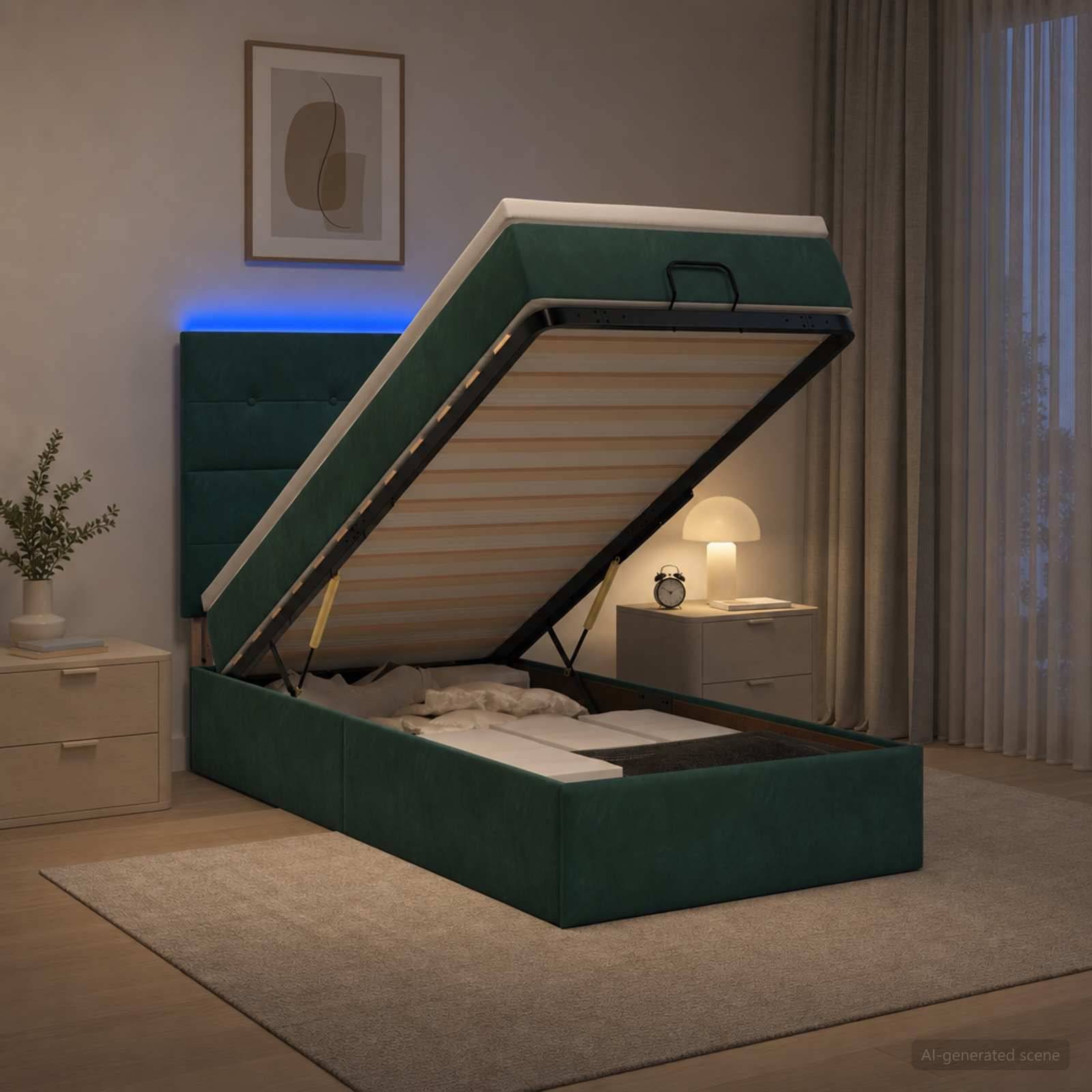 vidaXL Ottoman-säng med madrass och LED Mörkgrön 90 x 200 cm Sammet