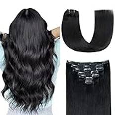 AGMITY Clip in-Extensions äkta hår #1 djup svart 30 cm 7 stycken 100 g 100 % äkta hår osynligt rakt slätt sömlöst clips i hårförlängningar, Remy äkta hår (30 cm #1 djupsvart)