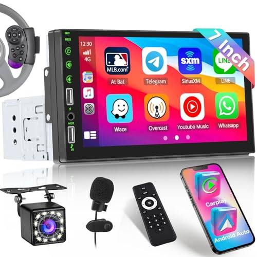 Inefala Bilradio 1 Din coon CarPlay och Android Auto, 7-tums HD-skärm pekskärm stereo bil Bluetooth med röstassistent spegellänk rattkontroll FM USB AUX-in bakre kamera