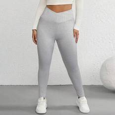 Plus Solid Overlapp Bredband Midja Leggings Vårkläder - Ljusgrå - 0XL,1XL,2XL,3XL,4XL