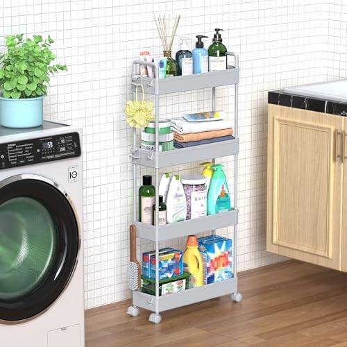 SOLEJAZZ Förvaringsvagn i 4 nivåer, skjutbar, smal, rullande, funktionell vagn, mobil förvaring, hyllor, organisatör för kök, badrum, tvättstuga, sovrum, smala platser, plast, grå