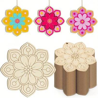 Omålad träsnideri blommaformad hantverk träskivor, blomformad trä DIY färgning målningsskivor för målning, festival, heminredning - Multifärgad (20 st (med hamprep),10 st (med hamprep))
