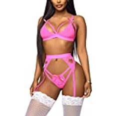 Erotische lingerieDames Kanten Lingerie Set met Jarretellegordel Sexy Kanten Beha en Slipje Set Strappy Babydoll Nachtkleding-Roze_XL