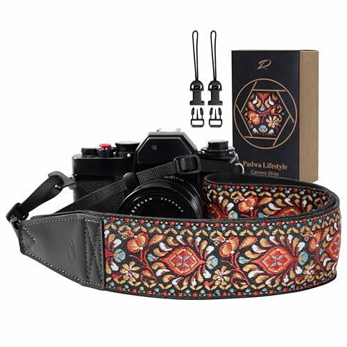Padwa Lifestyle Kamerarem – 5,1 cm – fullkorniga läderändar för fotografer, Vävd rosa blomma, 5,1 cm de large/réglable de 104,1 à 142,2 cm