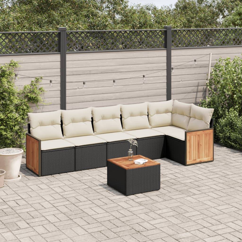 Sofasæt Til Haven 7 Dele Med Hynder Polyrattan - Sort og cremefarvet / Med bord