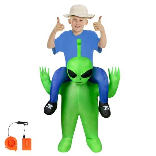 AYBUY Uppblåsbar Alien-kostym, grön, uppblåsbar utomjordingskostym för barn, för Halloween, karneval, cosplay outfit, 110-145 cm, inkluderar uppblåsningssystem