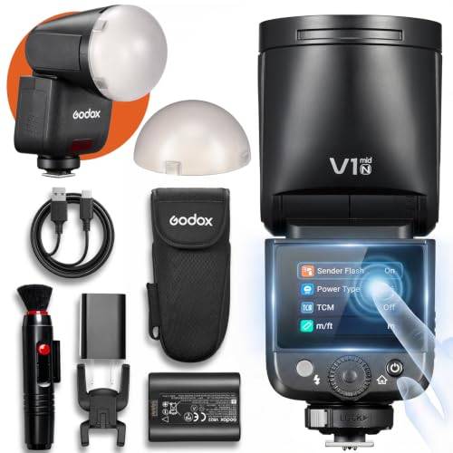 Godox V1 Mid N TTL Flash for Nikon, 55Ws, with AK-R11 Dome Diffuser | 2-tums färgpekskärm, 1,7s uppladdning och cirka 650 blixtar på full effekt för fotografering på plats