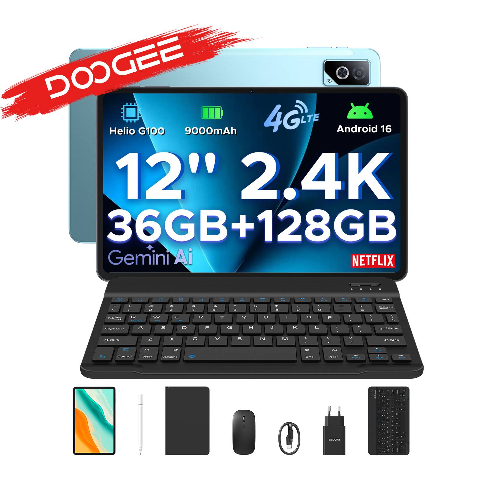 DOOGEE Tab G6 Pro 2 in 1 Tablet PC Android 16 Gemini AI 12" 2.4K 36GB RAM(8+28) 128GB ROM 9000mAh Battery Helio G100 Tablet Pad