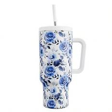 113 cl dricksglas med handtag och sugrör, isolerad mugg, vakuumisolerad vattenflaska, dricksglas med lock och sugrör, isolerad resemugg i rostfritt st - Vitt (1100ml)