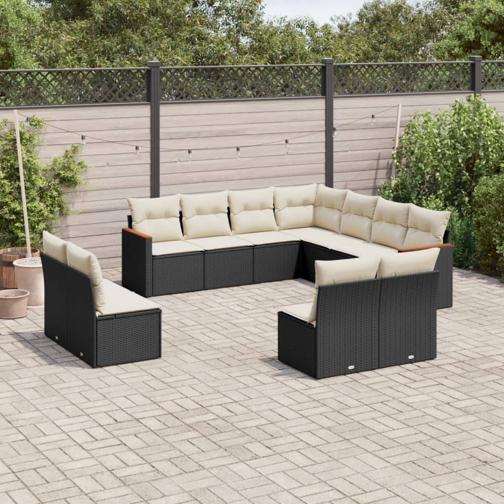 Havesofasæt 12 Dele Med Hynder Polyrattan - Sort og cremefarvet / Uden bord