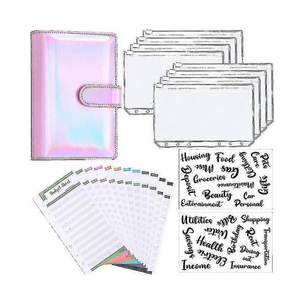 (Pink Laser) A6 Binder Budget Planner Notebook Covers Folder Size 6 Hole Pockets Plastic Zipper Money Saving Envelope