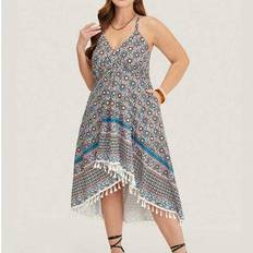 Plus Size Damer Bohemian Print V-halsficka Hög Låg Fåll Camisole Klänning, fransar Patchwork Lös stil Lämplig för sommarsemester och fritid, damkläder - Multifärgad (1XL,2XL,3XL,4XL,5XL)