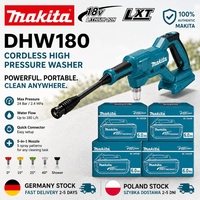 Original Makita DHW180 18V Cordless Pressure Washer Portable High Pressure Power Cleaner Water Spray Gun Car Washer for Garden Patio Floor Window Cleaning Compatible with Makita LXT Battery EU