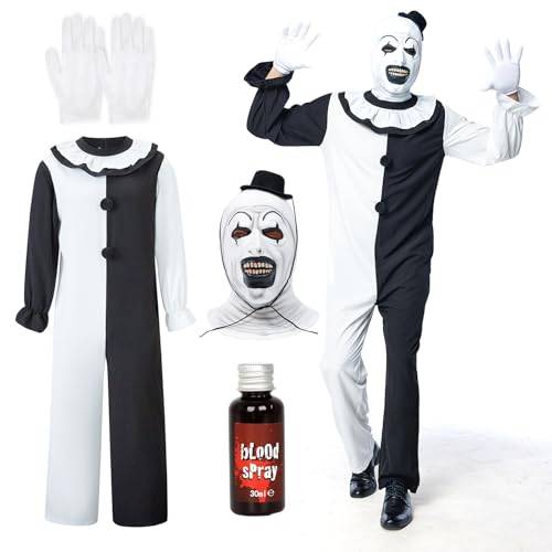 IEEILULU Läskig clowndräkt för män, läskig dräkt för män, set med clownjumpsuit med svartvit overall och läskig mask med hatt för halloween, karneval (M)