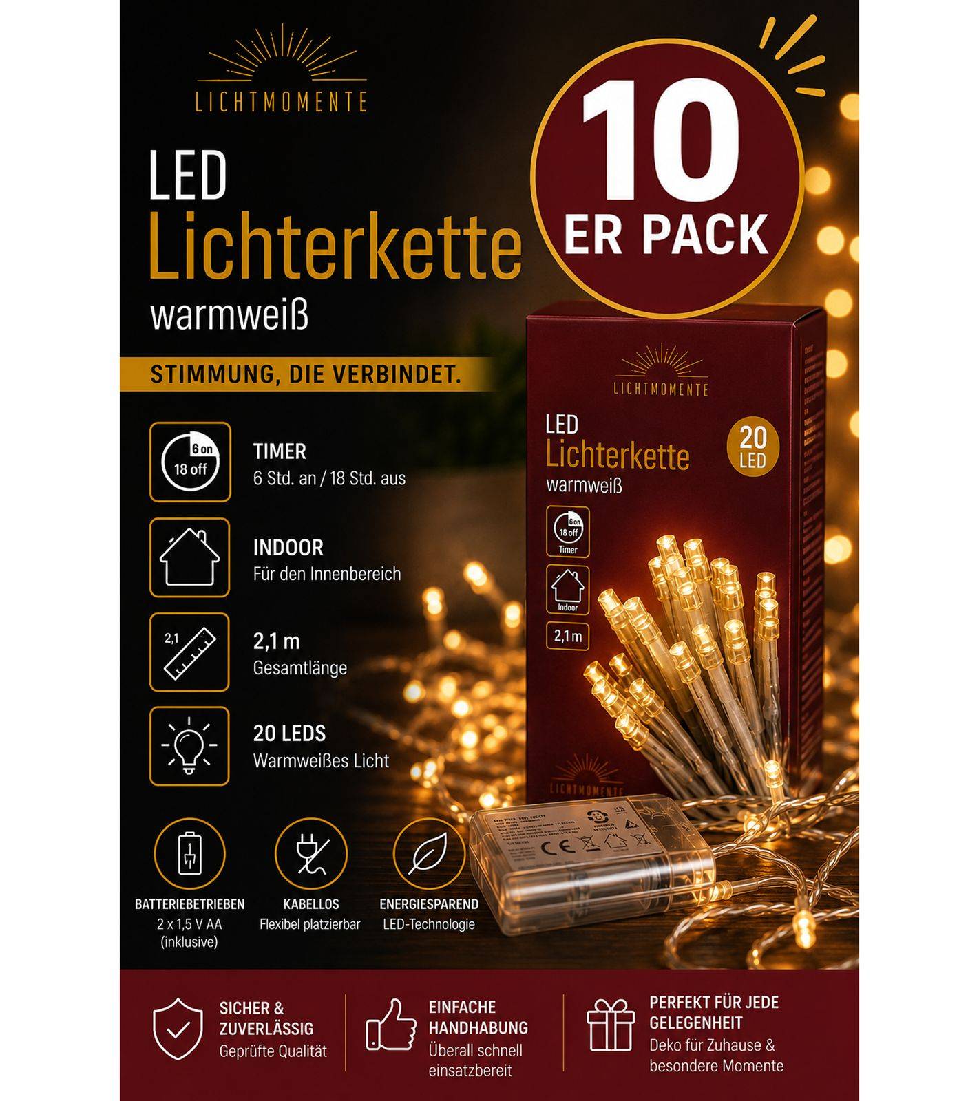 10er Pack Wasserdichte LICHTMOMENTE LED-Draht Lichterkette mit Timerfunktion 2,2 Meter 20 LEDs warmweiße Mikro-LED-Lämpchen 9845248 Silber