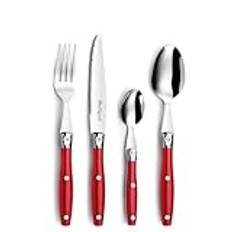 Lou Laguiole Steak Steak | Steak kniv set 24 delar | Bestick för 6 personer | Rot | Wellenschliff Messer Essbesteck | Bestickset