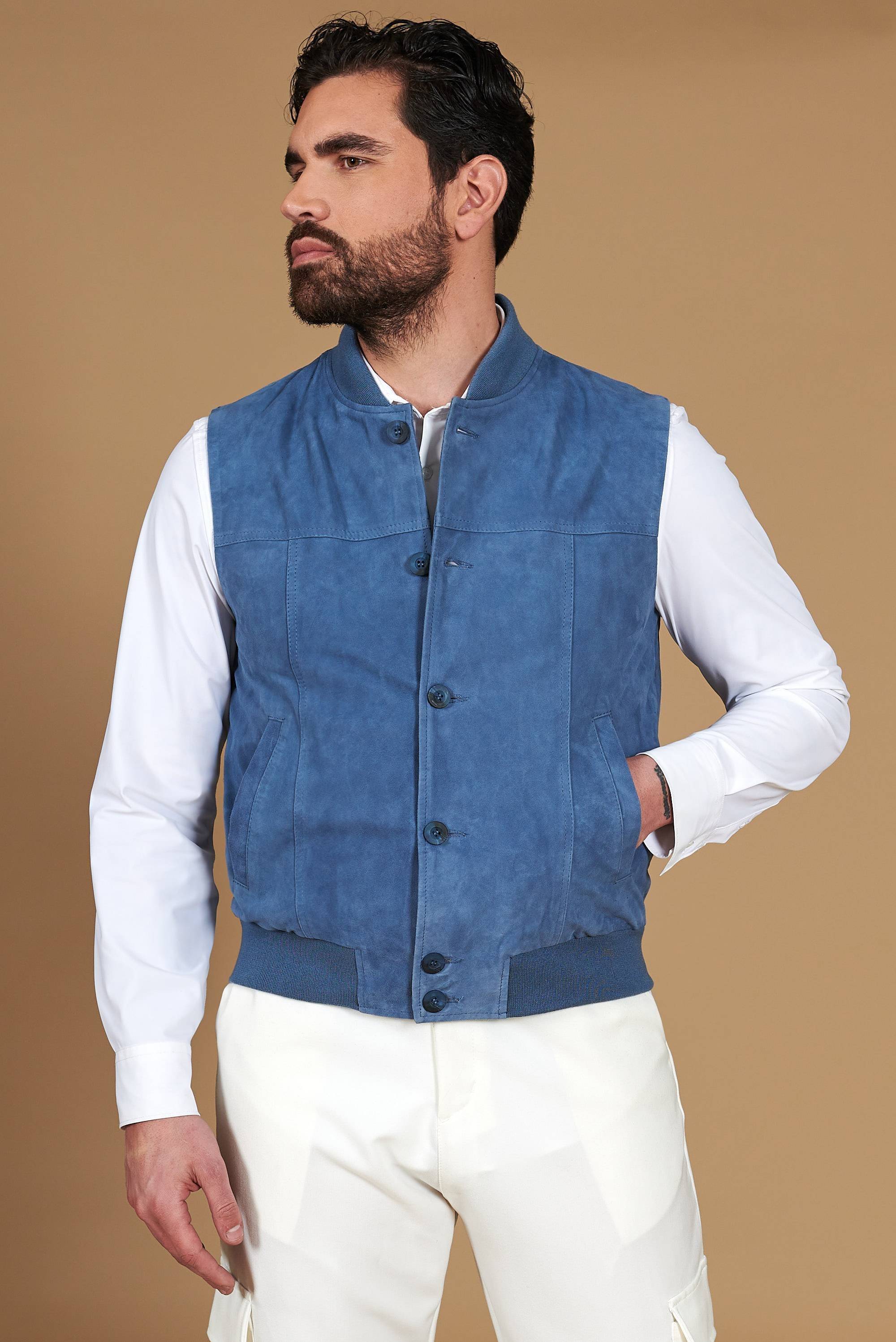 Denim blue suede leather vest with buttons - Blue - 48/S
