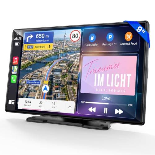 LAMTTO CarPlay Skärm 9 Tum Trådlös AppIe CarPlay & Android Auto, Bärbar Bilradio CarPlay med IPS-Pekskärm, Android Auto Screen, GPS Bil, MirrorLink, Bluetooth Handsfree, Röststyrning, FM, AUX, OTA