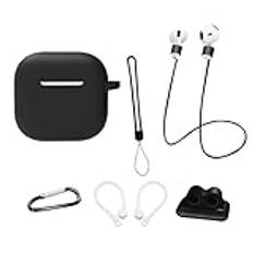 Silikonfodral för AirPods 4 Generation-tillbehör, 8-i-1-set kit för AirPods 4 laddningsfodral, skyddande fodral 2024, för AirPods 4 med anti-förlust rep/hängande rep (svart 6-pack)