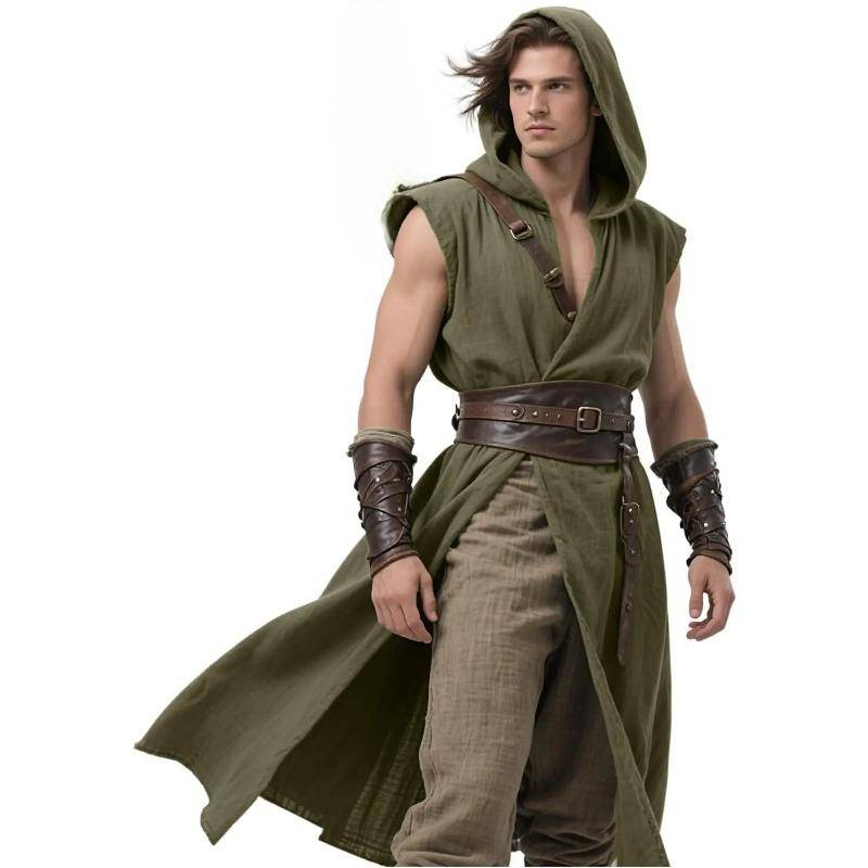 Men's Medieval Hooded Renaissance Tabard Sleeveless Tunic Cloak Viking Costume Holloween Assassin Cosplay cm