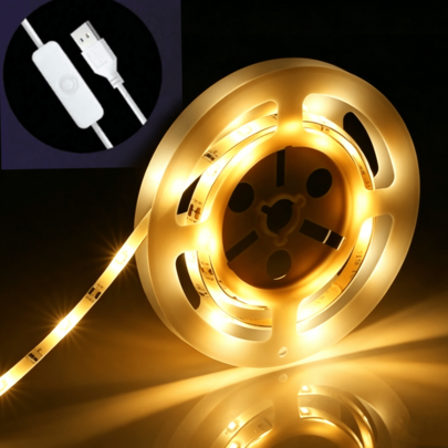 3-100FT 5V USB-driven varmvit LED-ljusslinga, kapbar, självhäftande tejpbelysning för sovrum, vardagsrum, TV, kök, garderob, trappa, spegel, festdekor (30m,1 m,5 m,10 m,15m,20m)