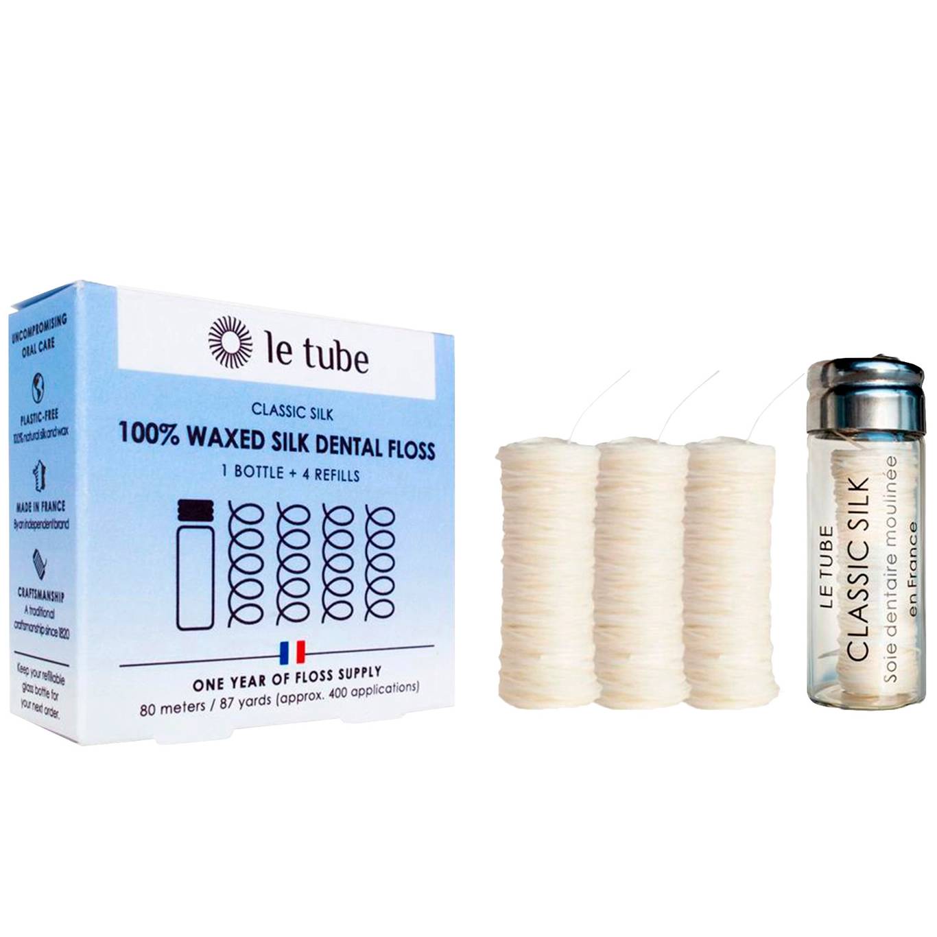 Silke Tandtråd Økologisk Bivoks LE TUBE Classic 4 x 20 mtr. + Glasdispenser