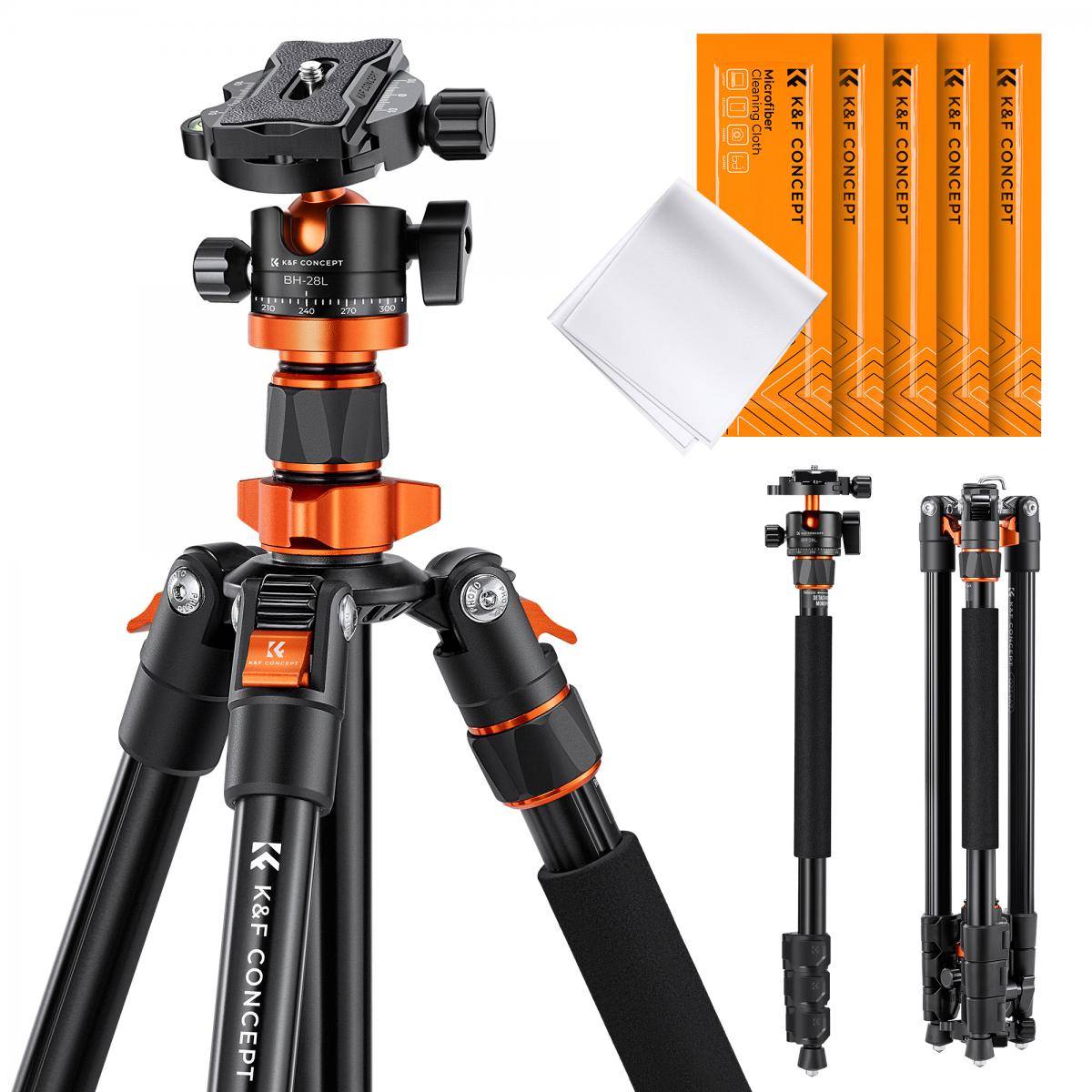 KENTFAITH 78"/2m Overhead Aluminum DSLR Tripod Compact Portable Vlog Tripod Monopod 22lbs/10kg Load, K234A7+BH-28L (S210) + Cleaning Set