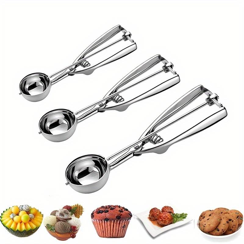 3pcs Thickened Stainless Steel Ice Cream Measuring Scoop Fruit Scooper Cross Border Ice Cream Scoop, Ice Cream Scoop, With Trigger Release, Scoop, Cupcake Scoop
